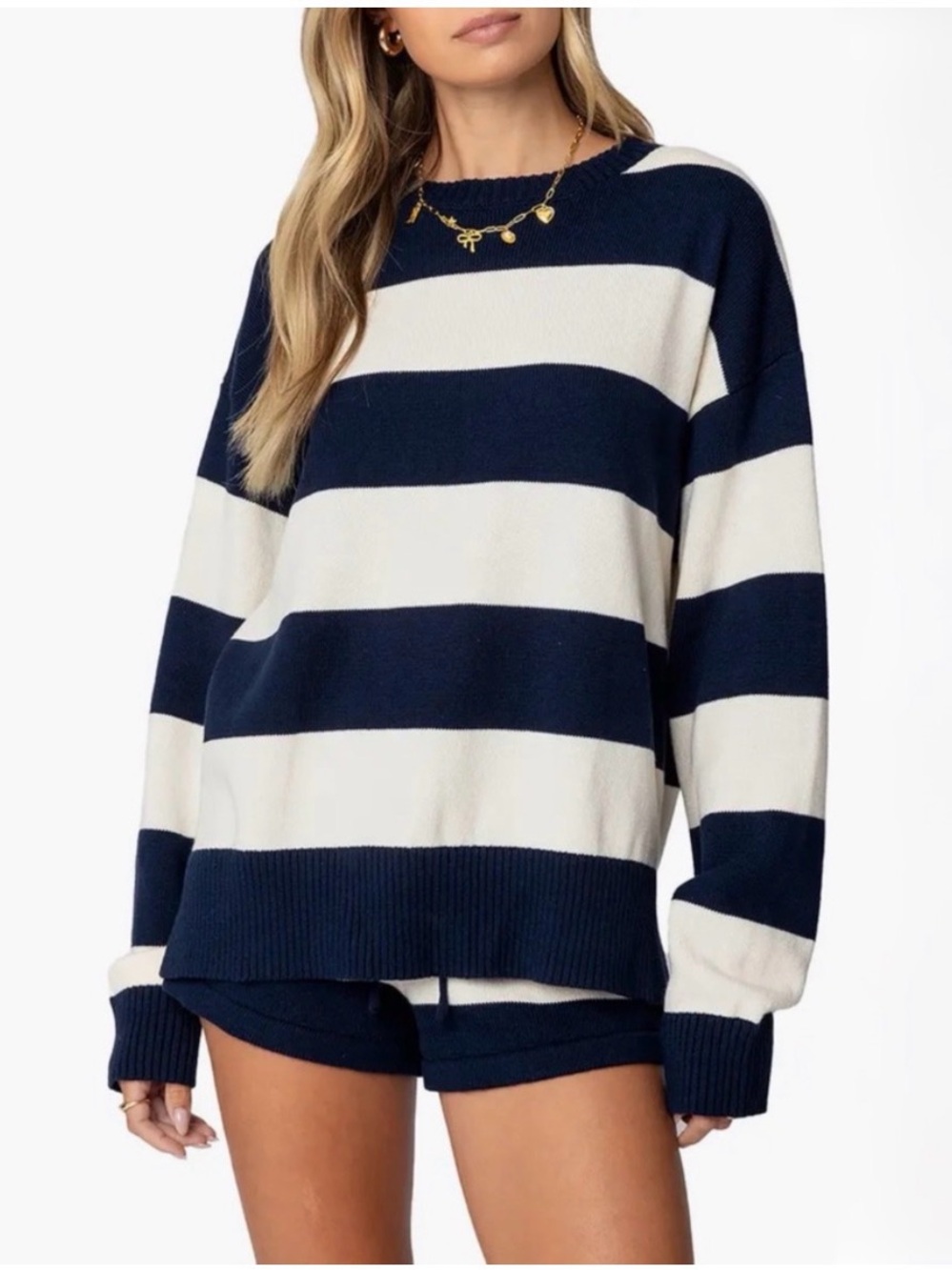 PacSun Edikted Riley Navy and Cream oversize Wide-Striped Crewneck Sweater